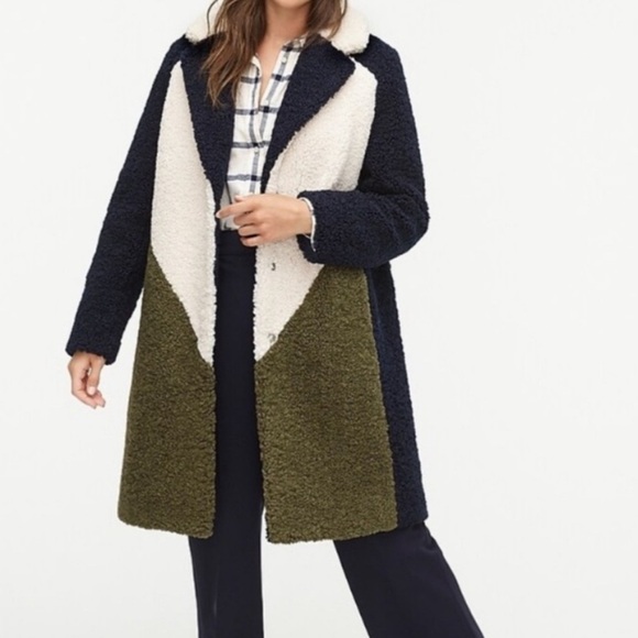 Jcrew Colorblock Sherpa Teddy Coat Navy Cream Olive Green Jacket - Picture 1 of 9